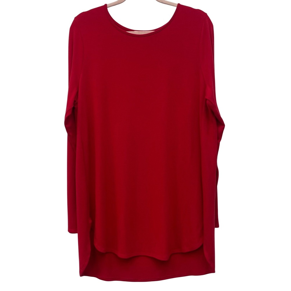 Calvin Klein Red‎ Tunic Top Large Long Sleeve High Low Blouse Stretch Knit